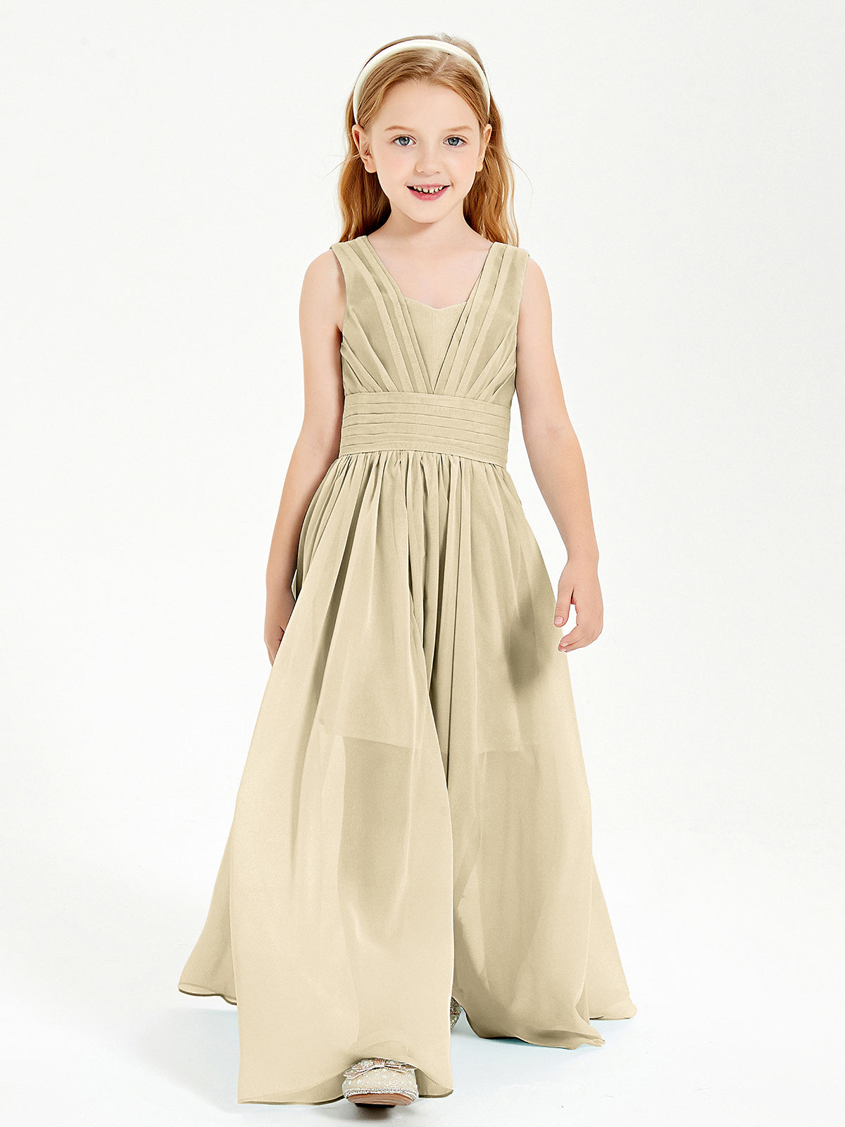 Long V-neck Junior Bridesmaid Dresses Champagne